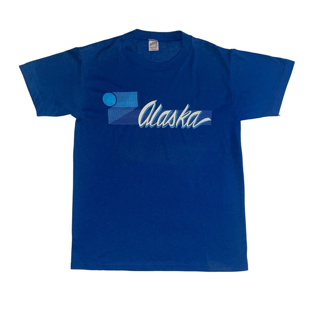 Vintage 80s Alaska Script Spellout Sportswear Blue Travel Destination T-shirt